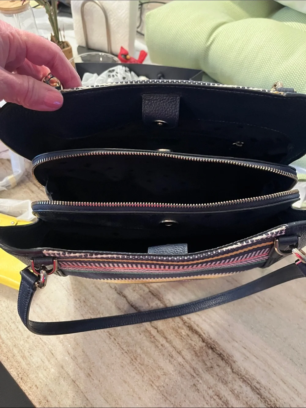 kate spade Striped Canvas Tote in Navy, Yellow, Pink & Green & wallet on yellow